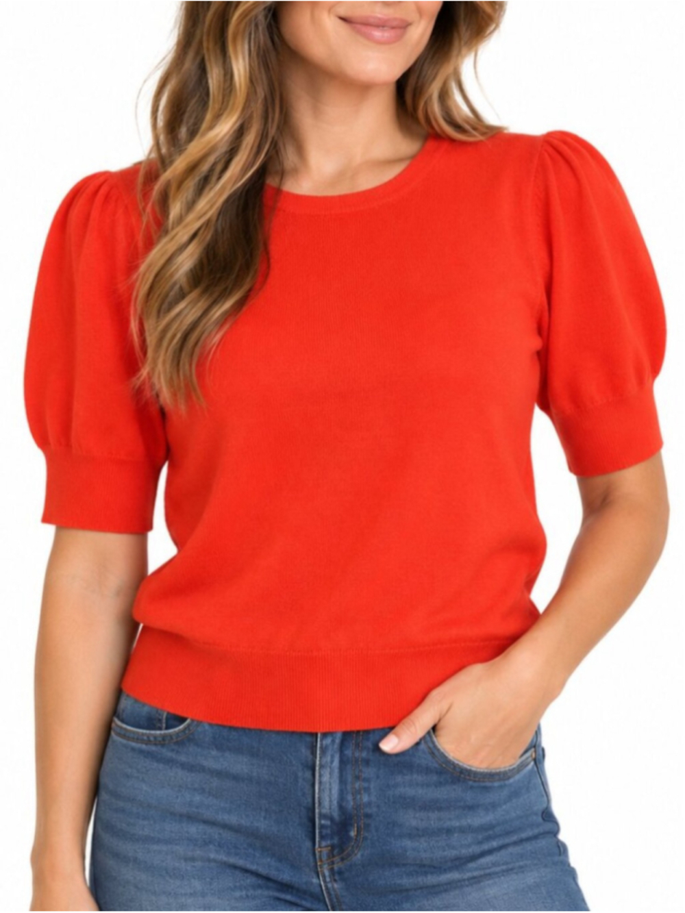 RACHEL ZOE Merino Wool Knit Short Sleeve Sweater Top Red Large Cozy Colorful